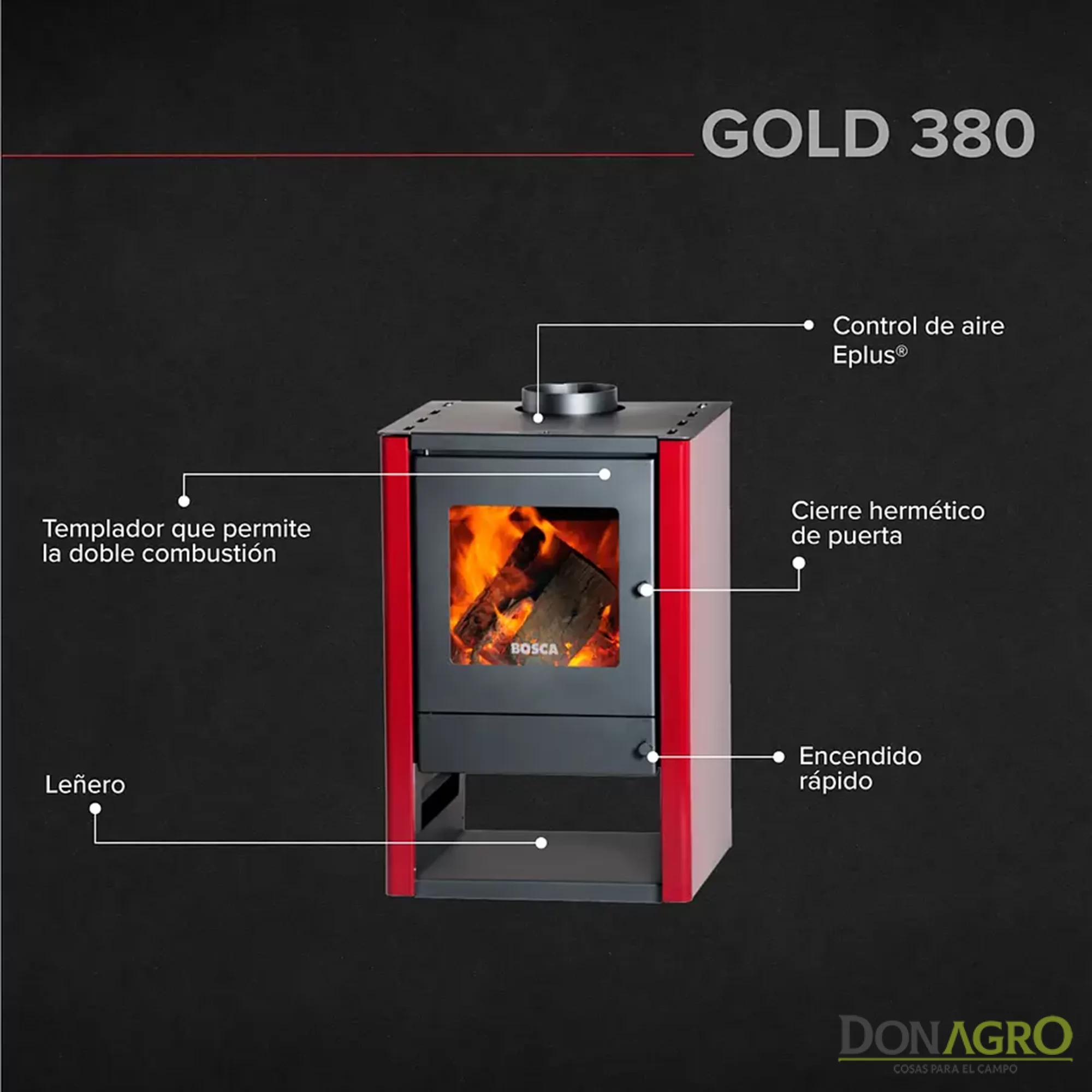 Estufa a Leña Bosca Gold 380 Burdeo 9.114 Kcal