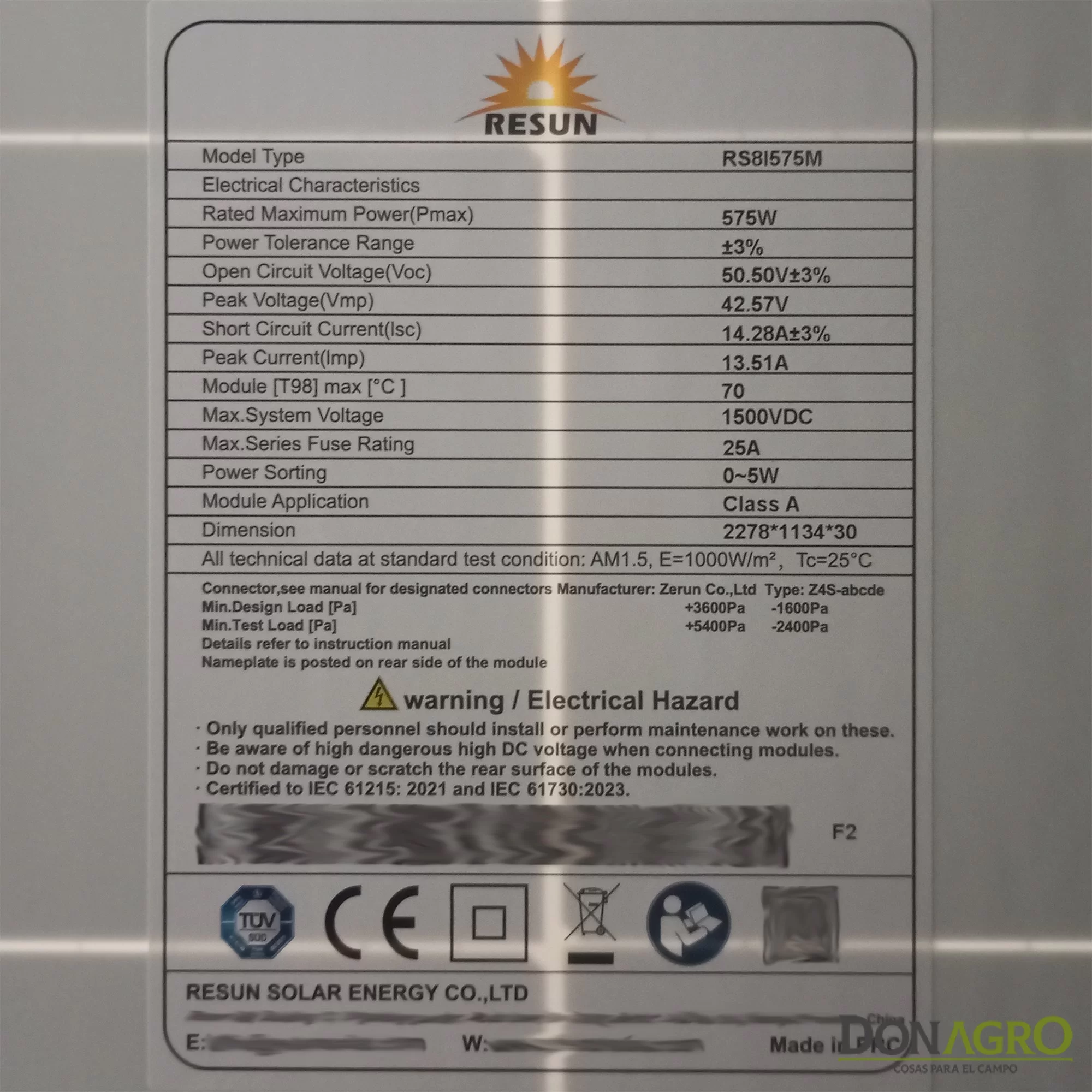 Panel Solar 575W 24V Bifacial TopCon N-Type Resun Solar